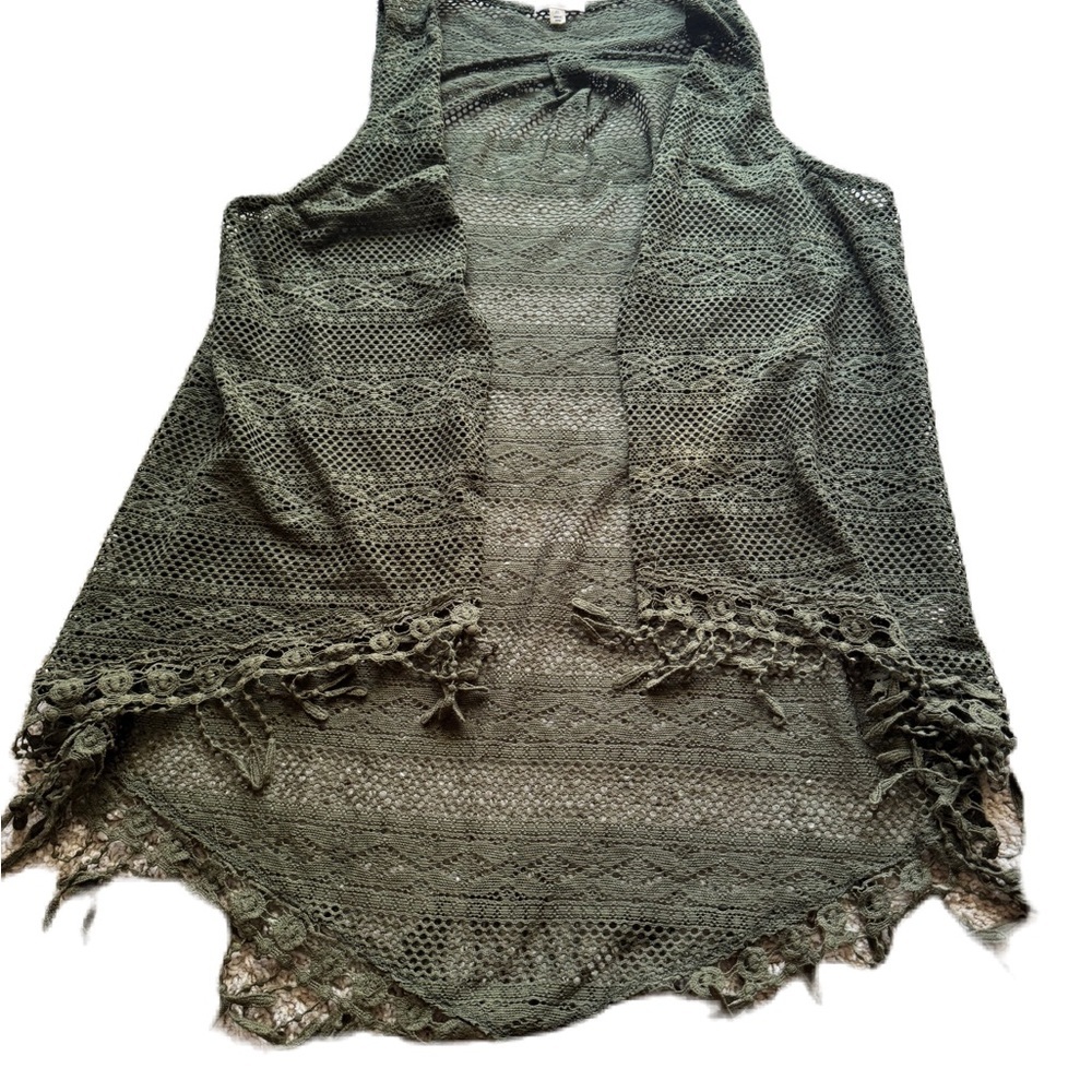 Love On A Hanger XL Olive Green Lace Vest with Fringe Open Front Boho EUC